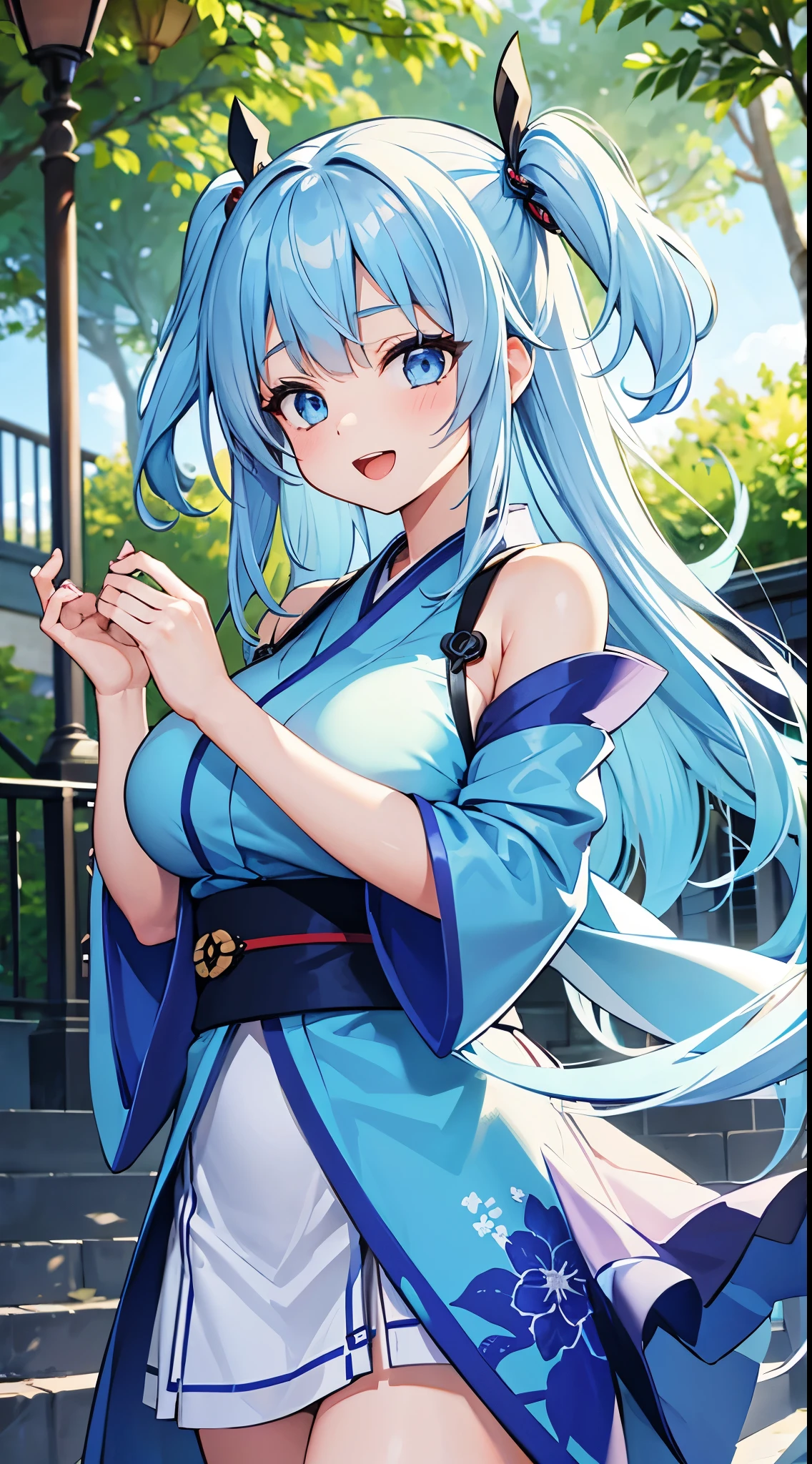 1 girl, game cg, gorgeous blue kimono, gigantic breasts, light blue hair, middle hair, two side up, blue eyes, smile, open mouth, dynamic, outdoor,
