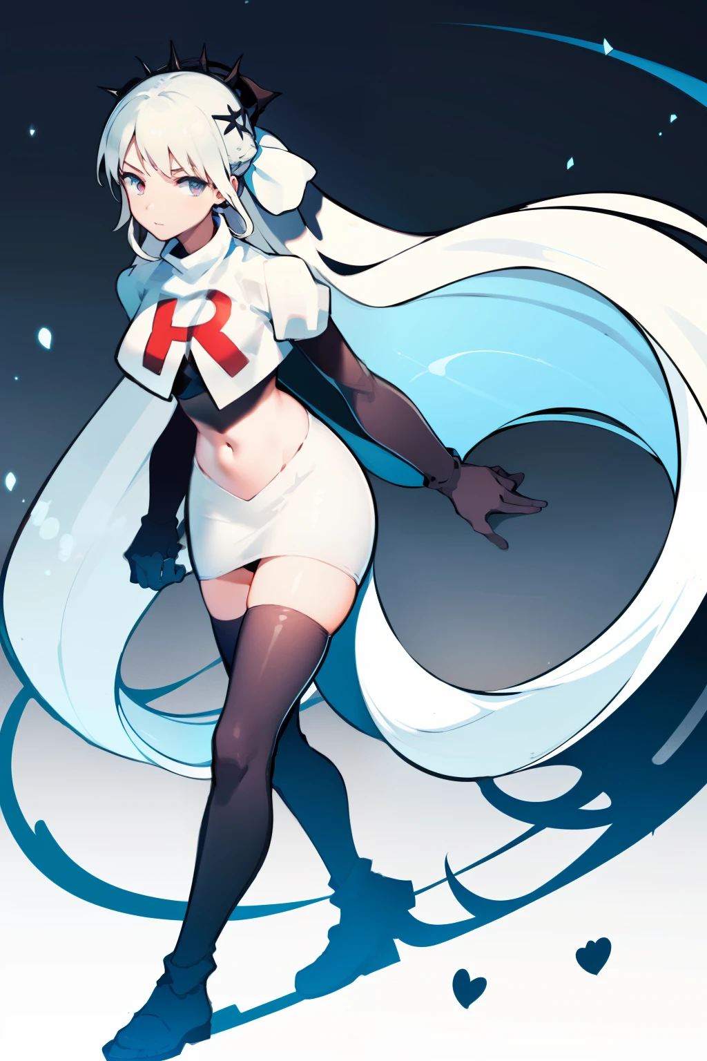 1 girl with long white hair, team rocket,team rocket uniform,white skirt,red letter R,crop top,black thigh-highs,black elbow gloves,