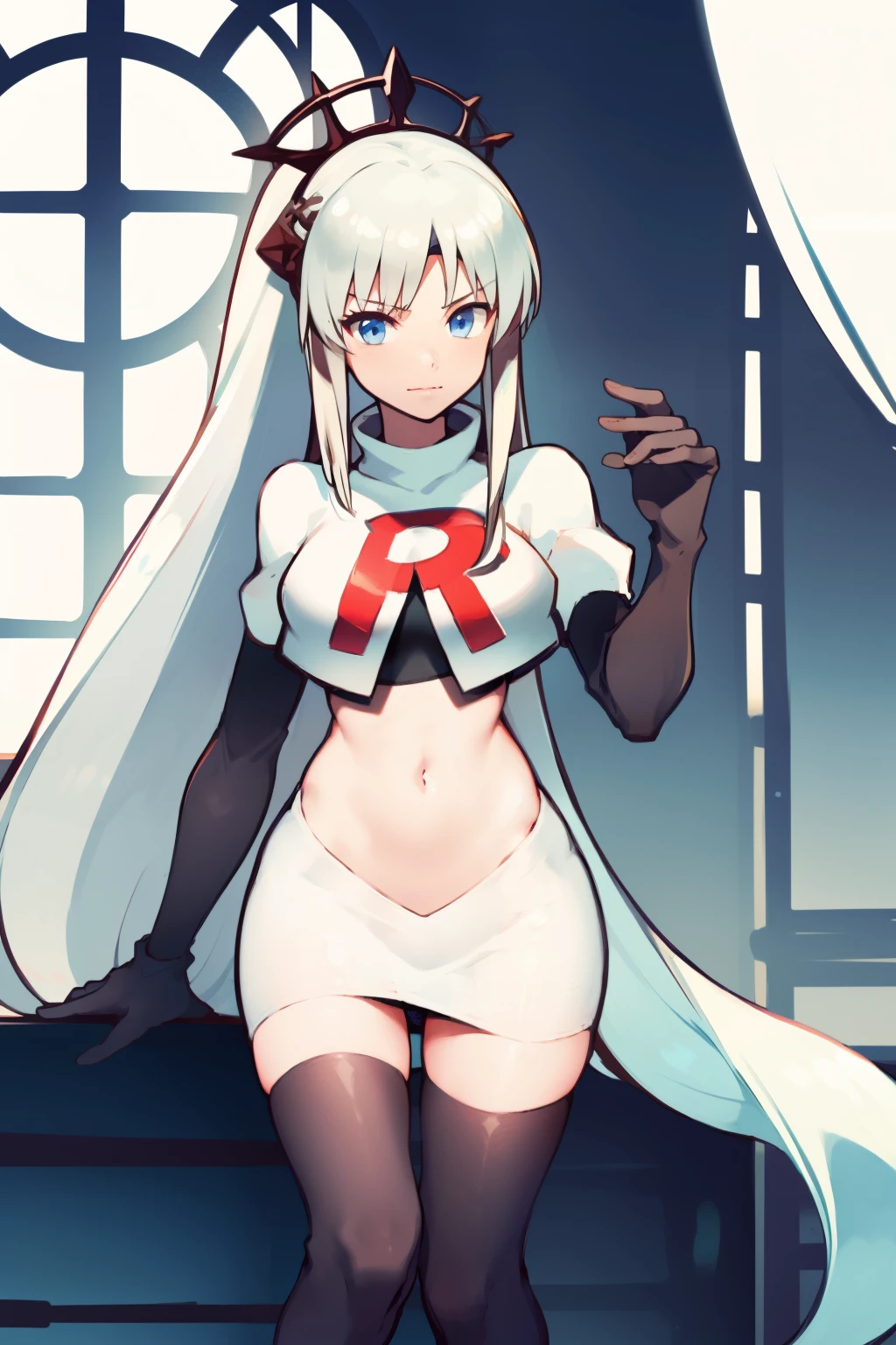 1 girl with long white hair, team rocket,team rocket uniform,white skirt,red letter R,crop top,black thigh-highs,black elbow gloves,