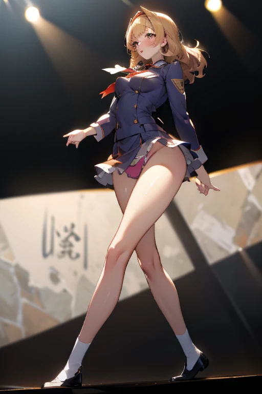 Beautiful full-length photo of an idol singer with 5 dancers, Masterpiece Quality, Shining Girls, Miniskirt Uniform, Bright stage lighting, Rock Stage, detail panties, ultra wide-angle, from below, bimbo, underwear, dildo under panties, dildo under clothes