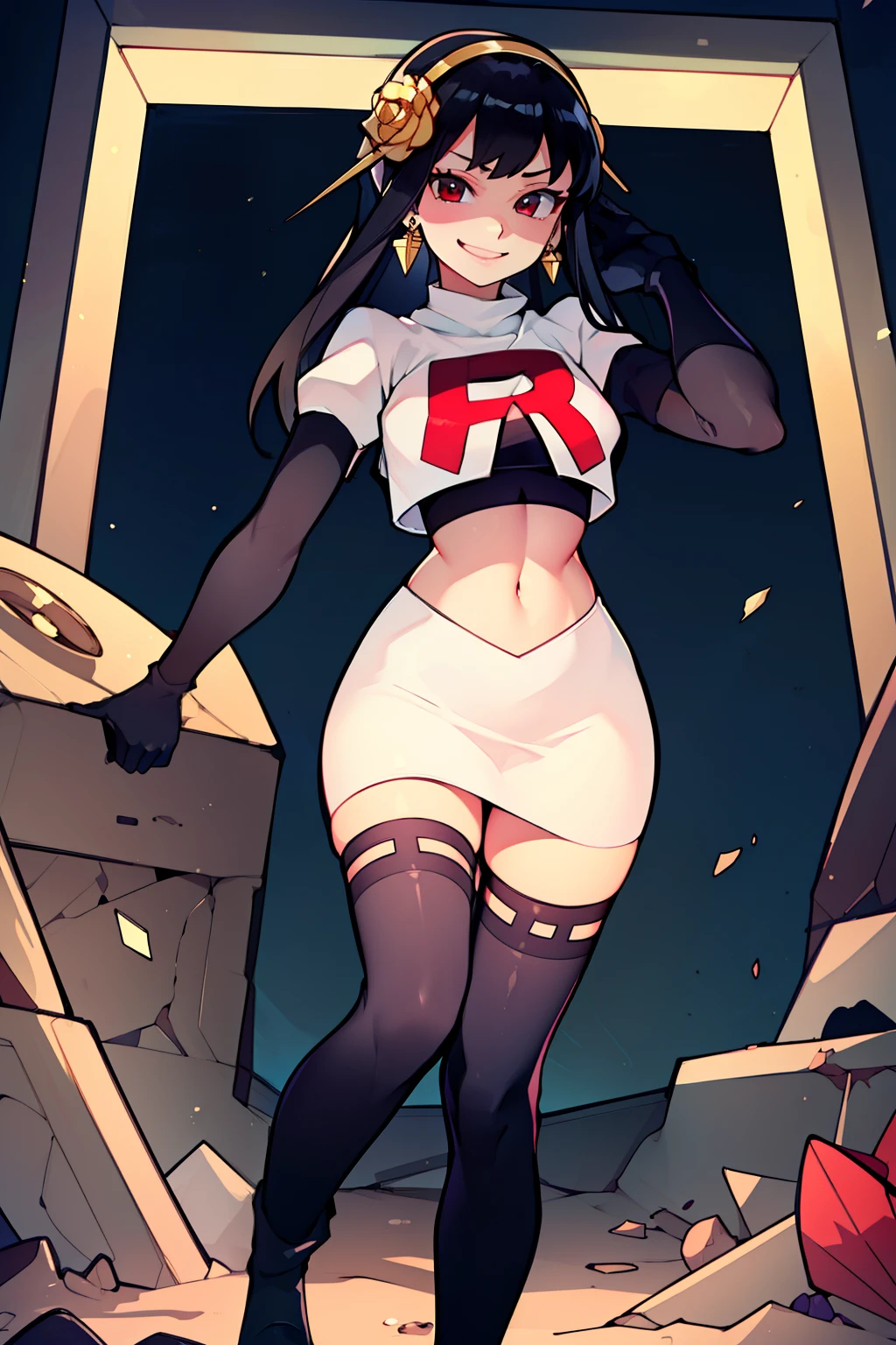 yor briar, gold earrings, gold hairband, hair flower, hair ornament, hairband ,rocket,team rocket uniform, red letter R, white skirt,white crop top,black thigh-high boots,black elbow gloves, evil smile, look at viewer,