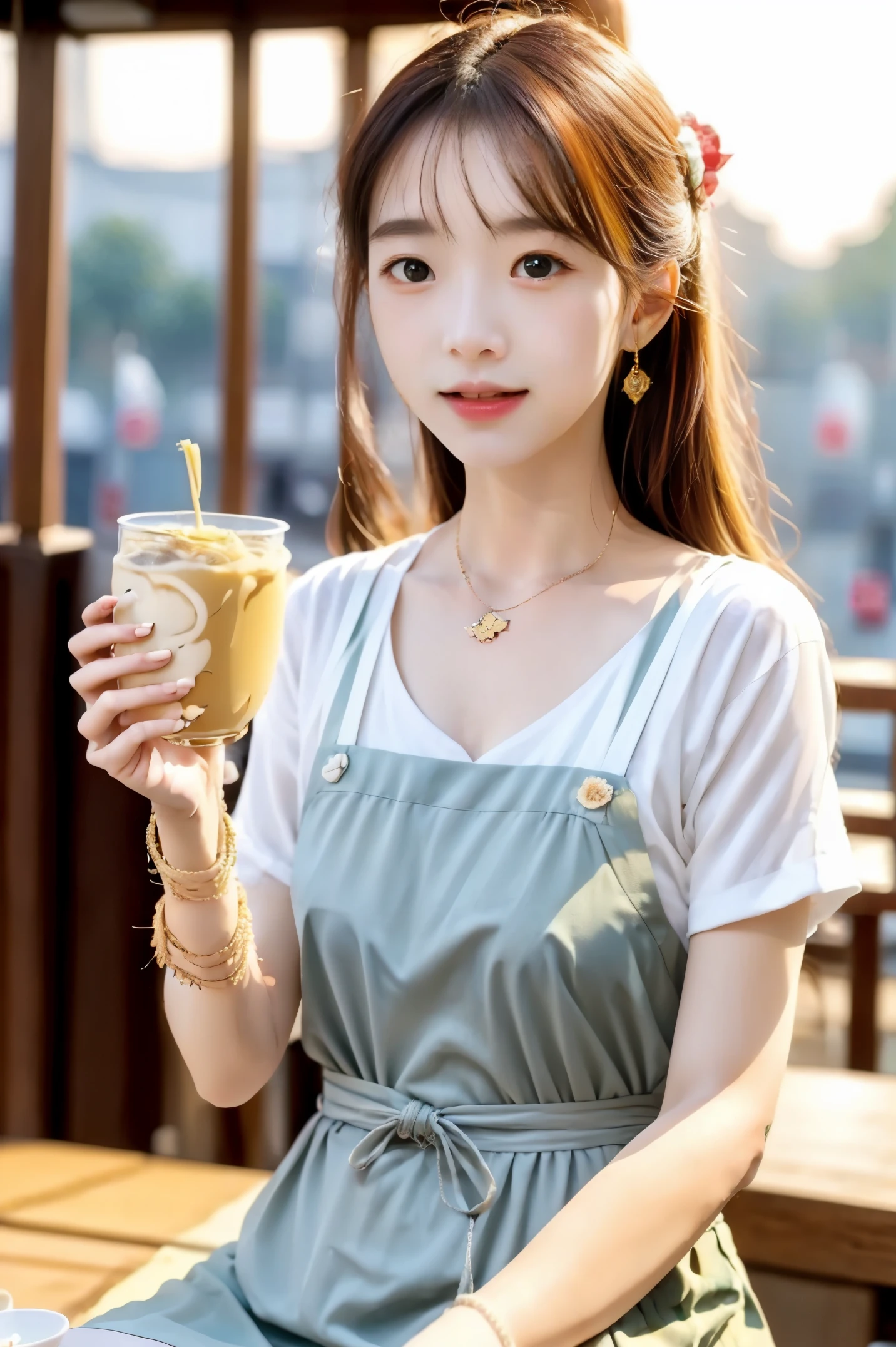 food stand、tea, 18years old women、bring small bowl of noodle, in jakarta city indonesia