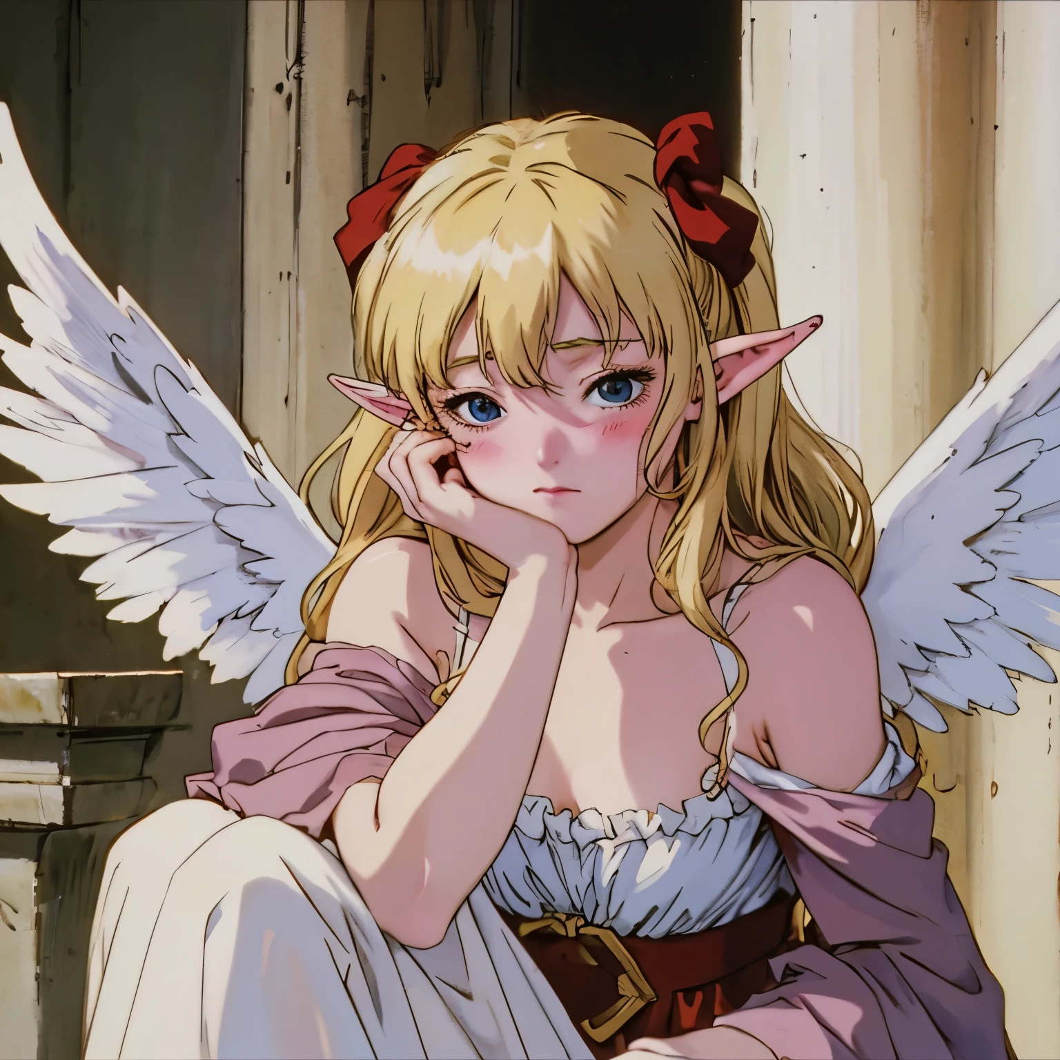 A blonde, tender and blushing girl, With little angel wings And elf ears