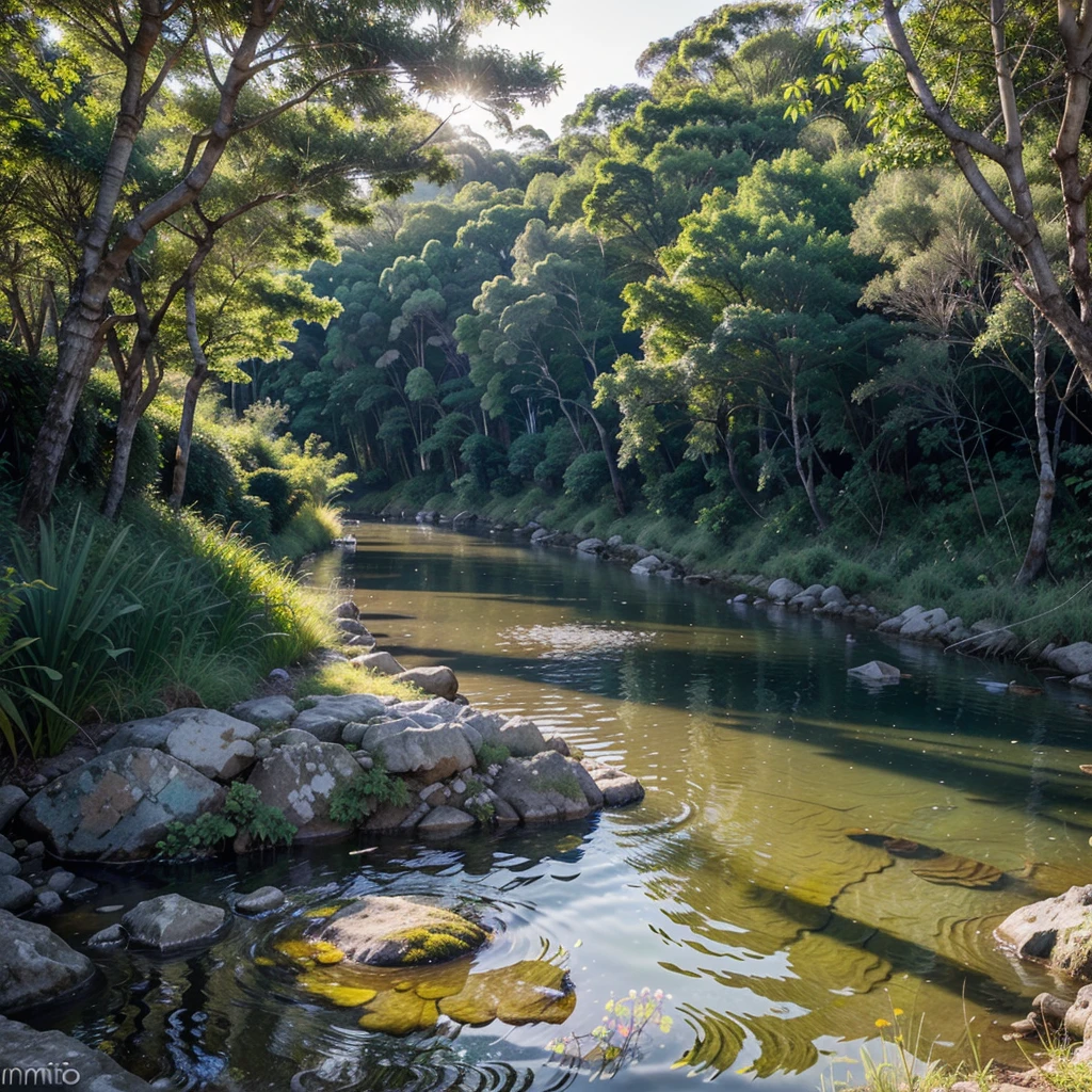 muito alto sobrevoando por cima uma floresta exuberante, No meio da floresta, a short river that cuts through the vegetation, formando um contraste entre o azul e o verde. O rio escorre com agressividade, carrying crystal clear and refreshing waters. O sol ilumina com intensidade a cena, enhancing the brightness and colors of nature. River water reflects sunlight, creating a shimmering effect on the surface. As ondas e as correntes criam formas e movimentos variados, and busy that catch your attention. It is a scene of pure beauty seen from above.
