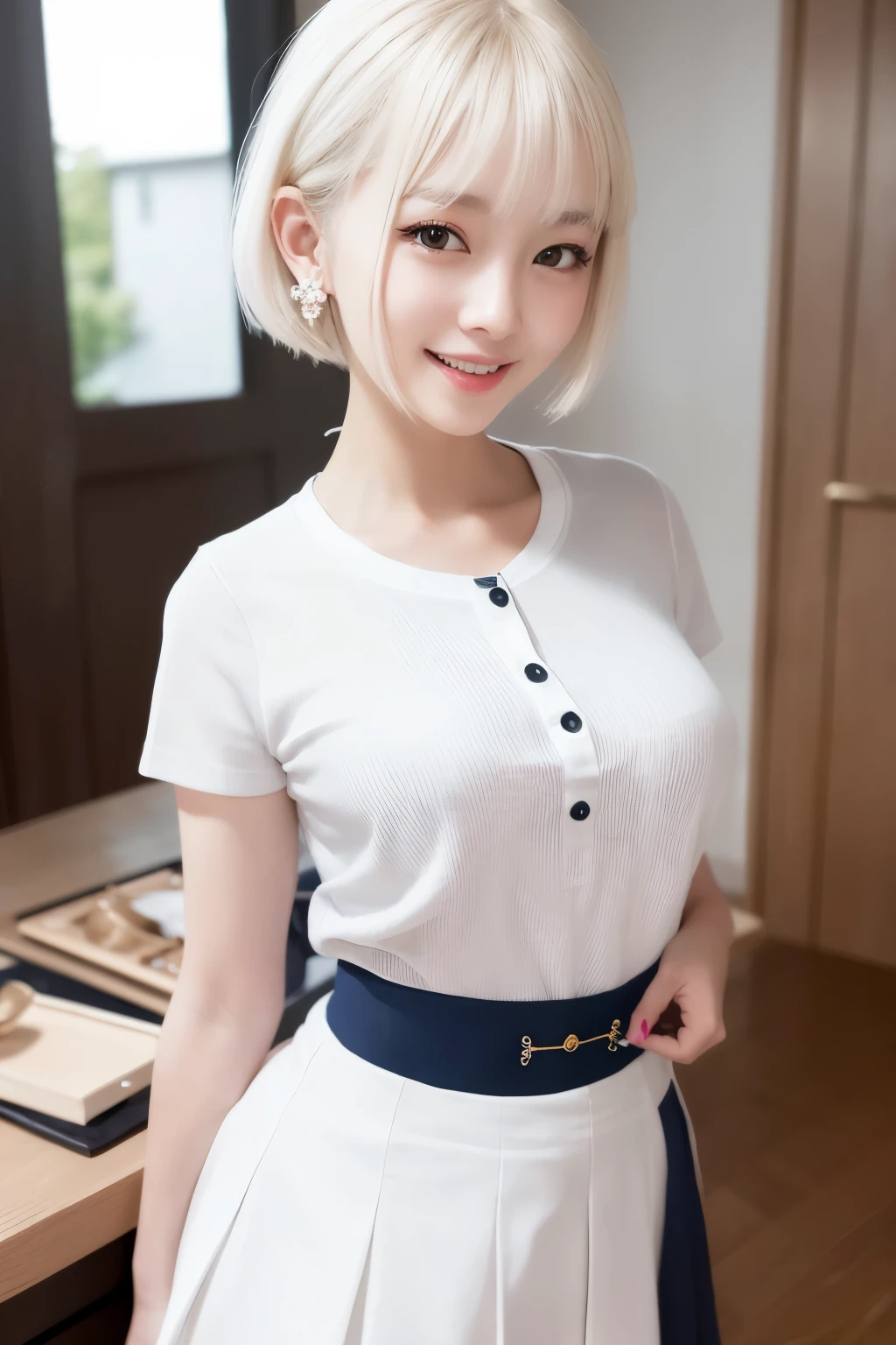 (RAWa picture、top-quality)、(realisitic)、great laughter、a picture、top-quality、​masterpiece、extremely delicate and beautiful、ighly detailed、CG、Unity、2k wallpaper、detaile、​masterpiece、top-quality、huge filesize、ultra-detailliert、hight resolution、ighly detailed、1girl in、Slim body、(short sleeved shirt:1.1)、(uniformss:1.1)、(pleatedskirt:1.1)、porcelain skin、(white  hair)、(hair adornments)、see the beholder、close up of face、straight haired、 ighly detailedな顔, ighly detailedな目, seducting smile, Sateen ,