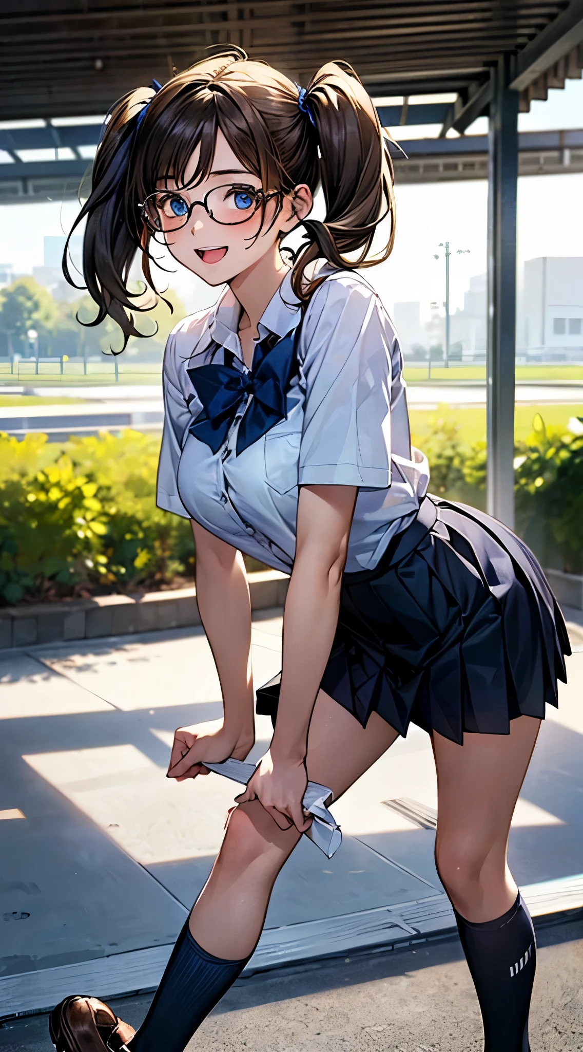 ((perfect anatomy, anatomically correct, super detailed skin)),
1 girl, japanese, 16 years old, shiny skin, large breasts:0.5, front view, watching the view,
beautiful hair, beautiful face, beautiful detailed eyes, (short hair:1.5, twintails:1.7), brown hair, blue eyes, babyface, mole under eye,
((summer school uniform, white y-shirt:1.1, dark blue skirt, pleated skirt:1.1, glasses, dark blue socks, black loafers, )),
((smile:1.5, open mouth)), standing, walking,
(beautiful scenery), gymnasium,
(8k, top-quality, masterpiece:1.2, extremely detailed), (photorealistic:1.2), sunlight, beautiful art, visual art, depth of fields, natural lighting,