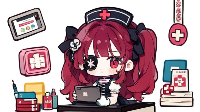 Character design，Q version，chibi，Cute，Head to body ratio，outfit design，Lolita prostitute，Gorgeous dress，Mittens，Curly，Very intricate，Exquisite，shear node，frilld，band，Bandages，Nurse style，Huge syringe，tablet，Red Cross，Y2K，egirl，Unilateral eye patch，love decoration，subculture，sicko，bloods