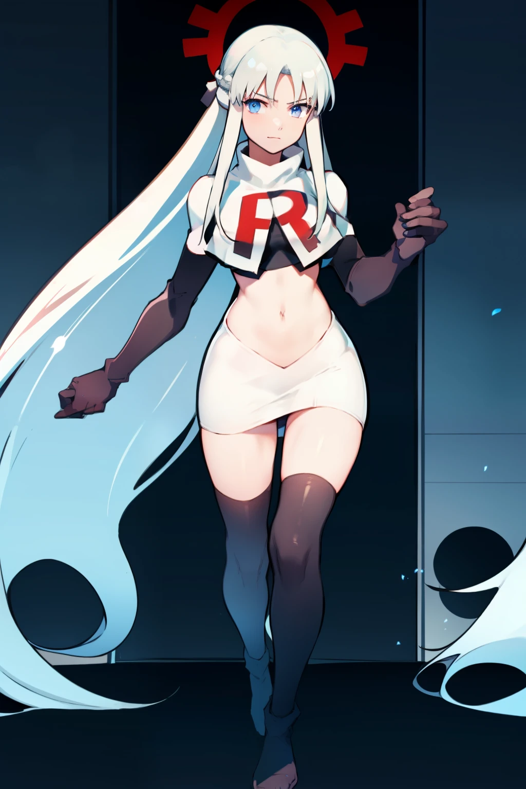 1 girl with long white hair, team rocket,team rocket uniform,white skirt,red letter R,crop top,black thigh-highs,black elbow gloves,