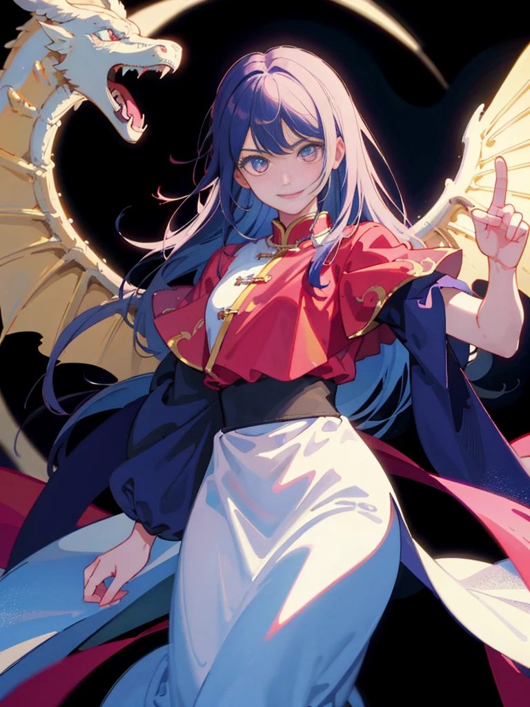 animations、masterpiece, supreme, Beautiful girl with dragon wings、A smile、chinese clothes、tutelary、White dragon on background、Fantasia、Highly detailed, Smooth and sharp focus,