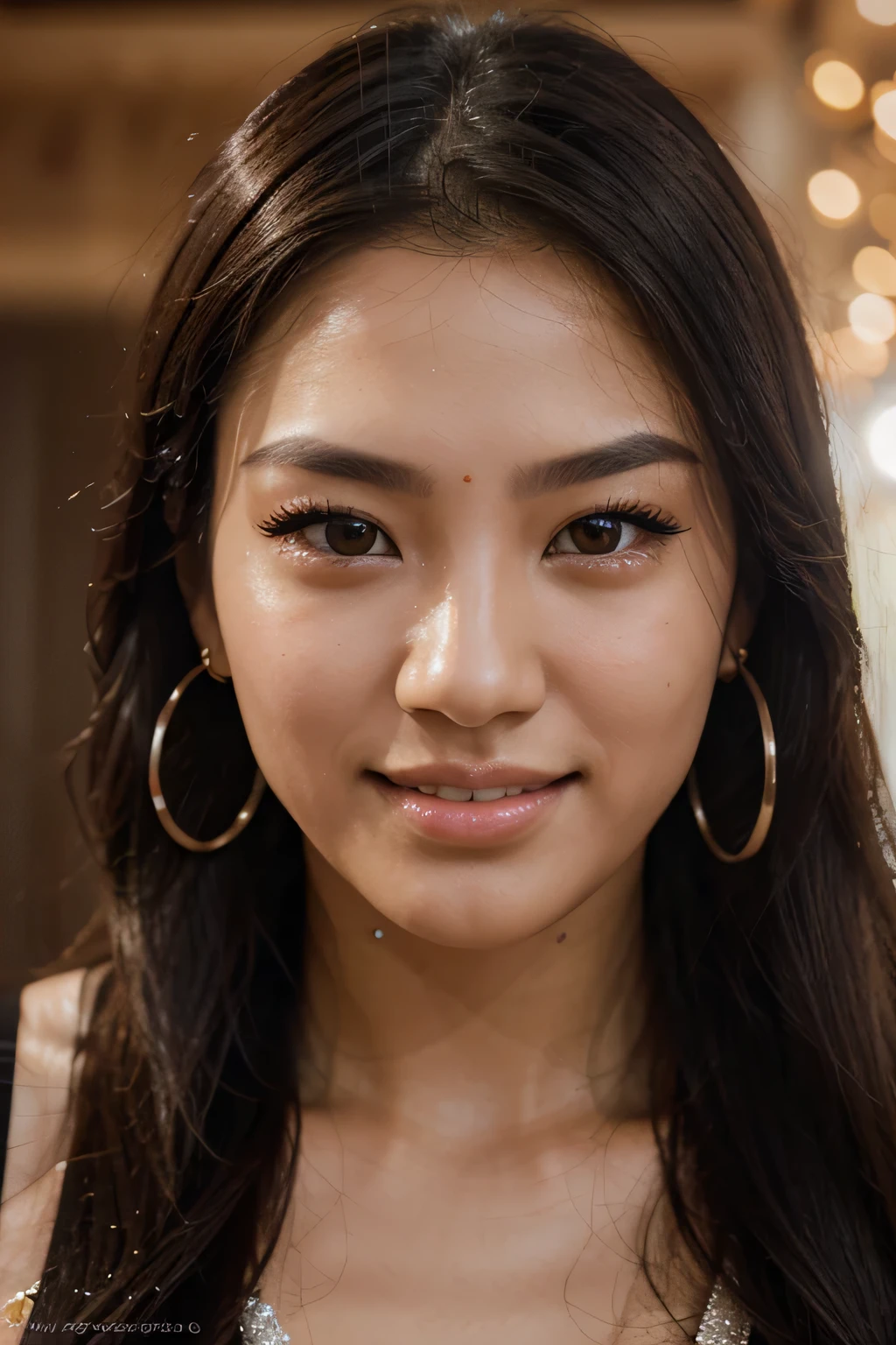 RAW UHD portrait photo of a 24-year-old stunning Asian woman with brown eyes, luxury earrings, you can the face only, details (textures! , hair! , glitter, color!! , disadvantages: 1.1), glossy eyes with high detail (looking at the camera), SLR lighting, SLR camera, ultra-quality, sharpness, depth of field, film grain (center), Fujifilm XT3, crystal clear, frame center, beautiful and pretty face, sharp focus, detailed skin pores, oily skin, complex eye details, very long hair, don't make skin too perfect, hyperrealistic, smiling but not showing teeth