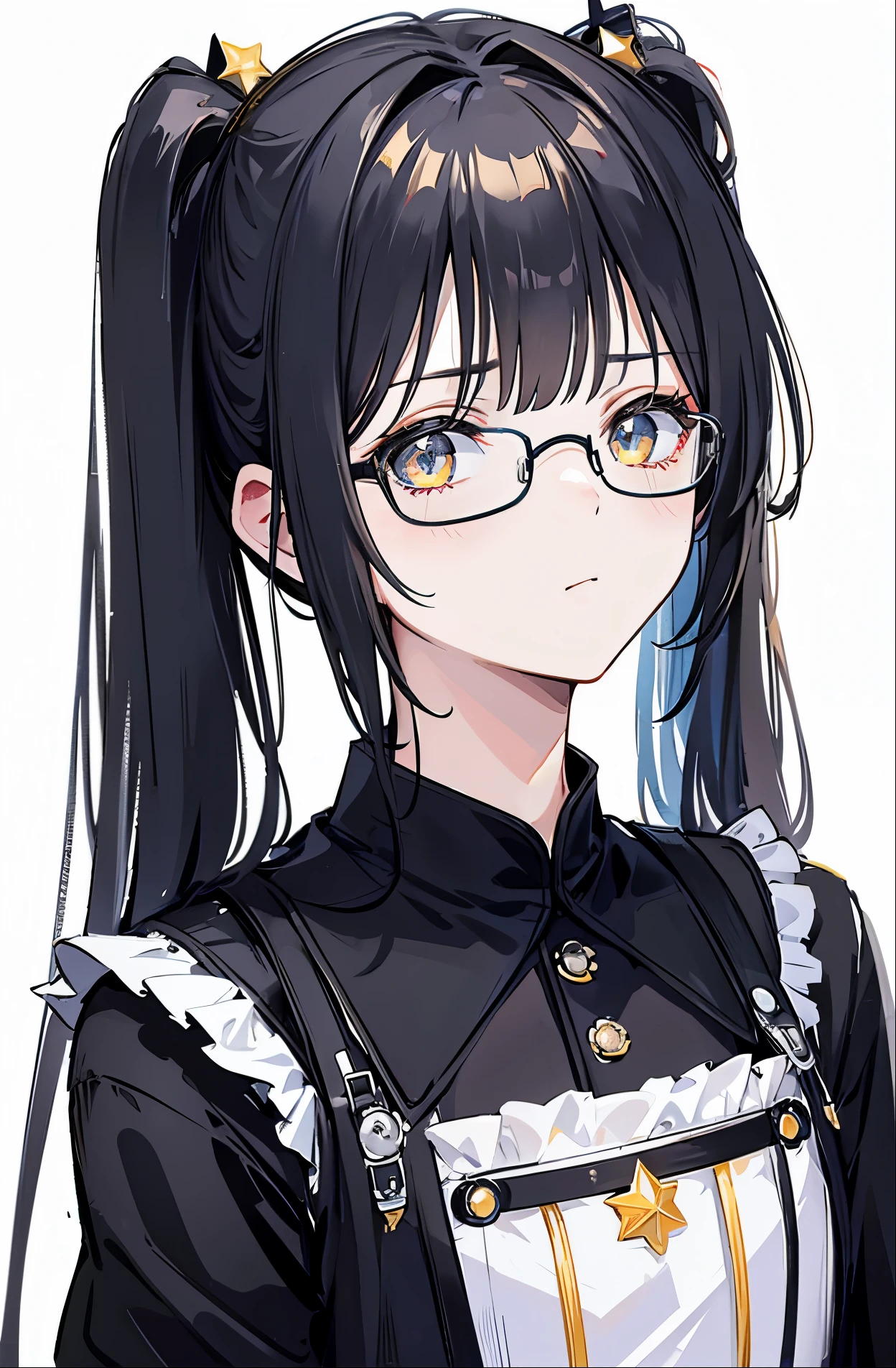 Dark yellow twin ponytails,Hair appears as a whole,But there is a sense of black attachment,Star decoration,Meteor decoration,With black glasses,There is a deceptive look in the eyes,Girl but very handsome,There is a sense of contempt in his eyes,黑黄的冲锋衣有着Star decoration