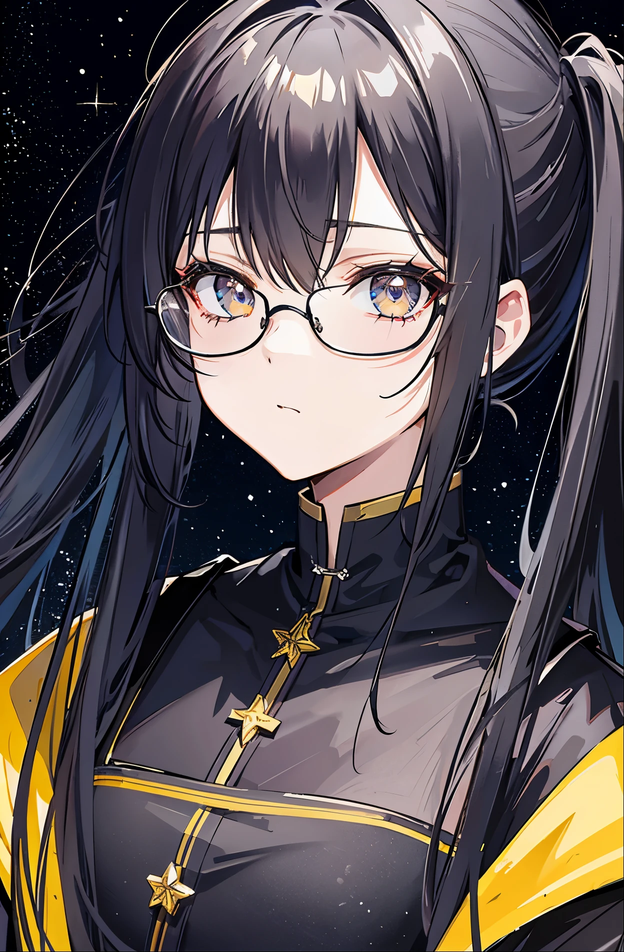 Dark yellow twin ponytails,Hair appears as a whole,But there is a sense of black attachment,Star decoration,Meteor decoration,With black glasses,There is a deceptive look in the eyes,Girl but very handsome,There is a sense of contempt in his eyes,黑黄的冲锋衣有着Star decoration