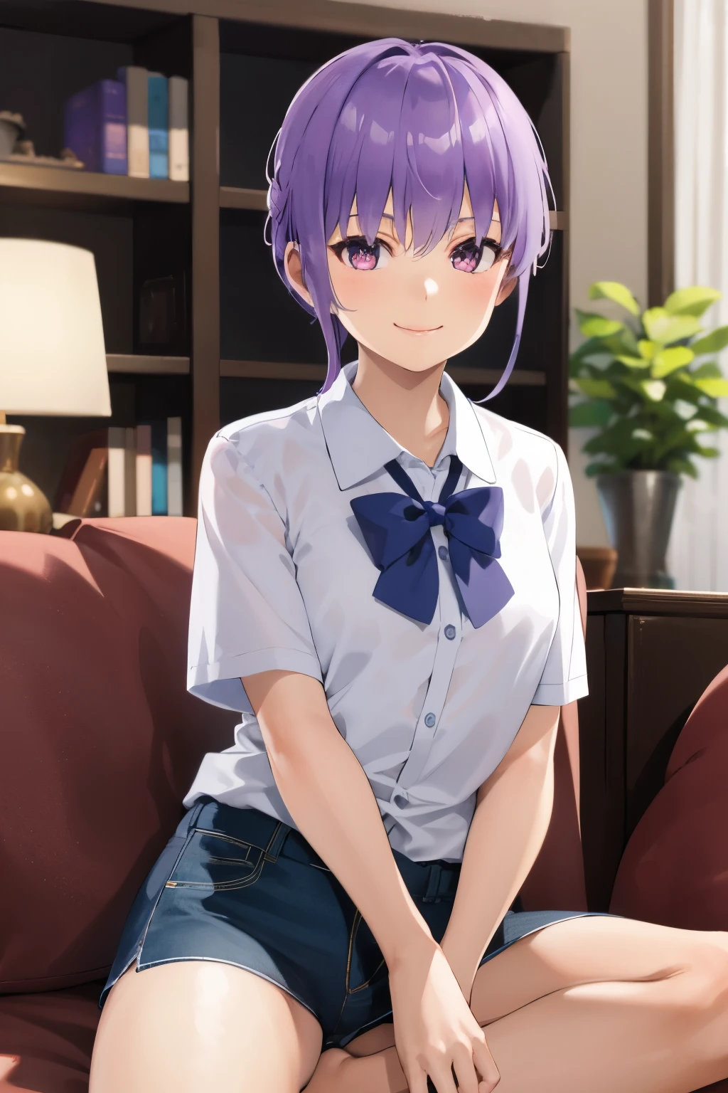 Ayane, 1girl in, A smile, livingroom, -yeld fie, school shirt, elementar