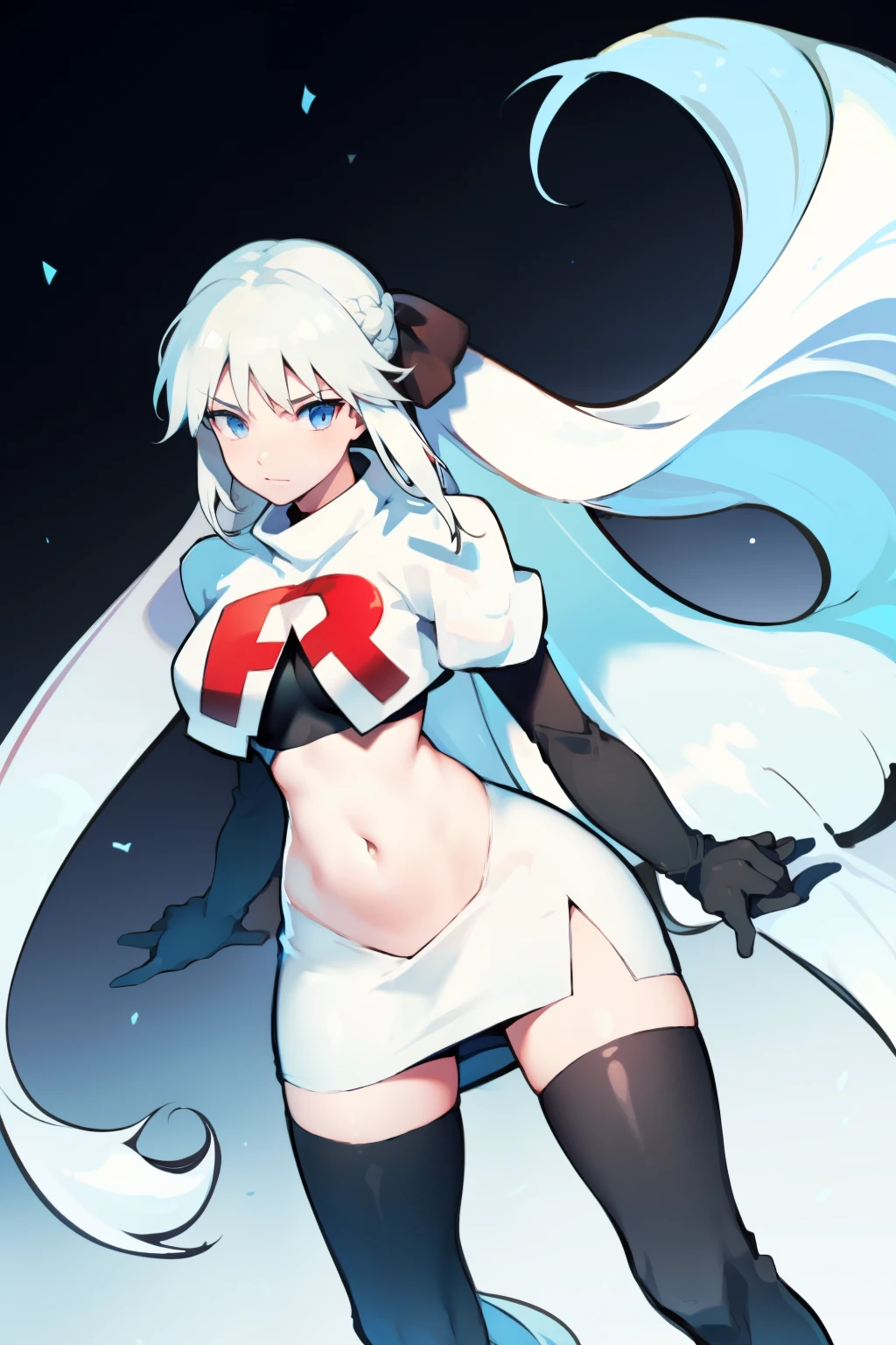 (Realistic painting style:1.1), masterpiece, best quality,  absurdres, looking at viewer, solo,kallen kaslana (sixth serenade), kallen kaslana, white hair, ahoge, 1girl, solo, blue eyes, braid, looking at viewer, gloves, smile, long hair, braided ponytail, bangs, hair between eyes, (large breasts:0.8), hair ornament, single braid, team rocket,team rocket uniform,white skirt,red letter R,crop top,black thigh-highs,black elbow gloves,