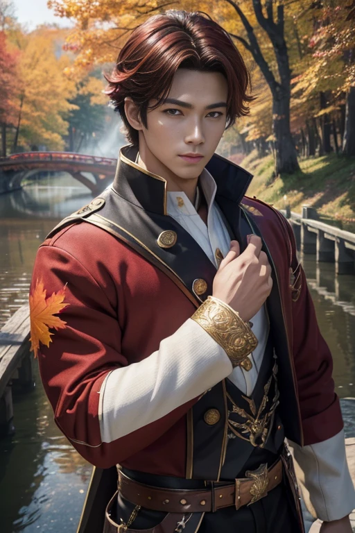 ((Masterpiece, Best Quality)), Ultra Detailed, Official Art, Unity 8k Wallpaper, Official Costume, Young Handsome Man, Solo, Perfect Face, Shiny Skin, Sparkling Pupils, Hair Pick Dyed Red, Daytime, Background is Fire Red Maple Forest, Maple Leaf, Riverside, Wooden Bridge, Aesthetic, (upper_body)