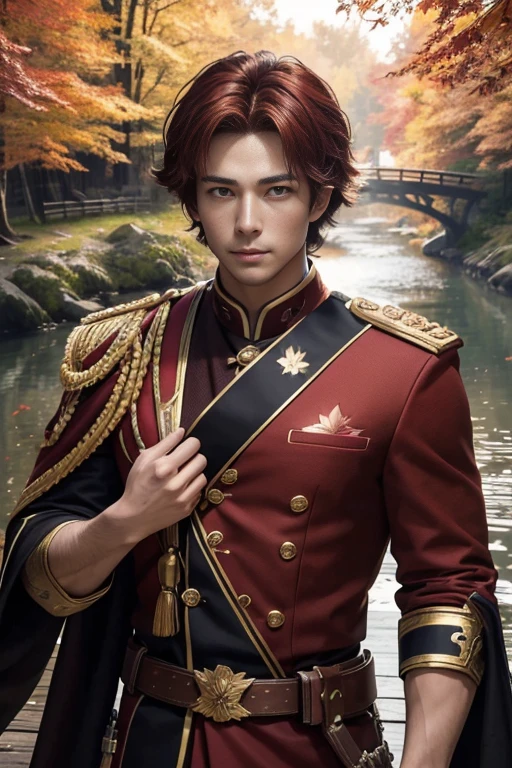 ((Masterpiece, Best Quality)), Ultra Detailed, Official Art, Unity 8k Wallpaper, Official Costume, Young Handsome Man, Solo, Perfect Face, Shiny Skin, Sparkling Pupils, Hair Pick Dyed Red, Daytime, Background is Fire Red Maple Forest, Maple Leaf, Riverside, Wooden Bridge, Aesthetic, (upper_body)
