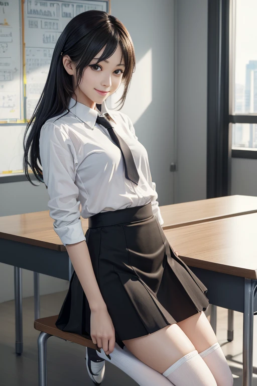 ((masterpiece)), ((best quality)), ((highres)), ((extremely detailed CG unity 8k wallpaper)), solo, tachibana kanade, black skirt, white socks, small smile, classroom