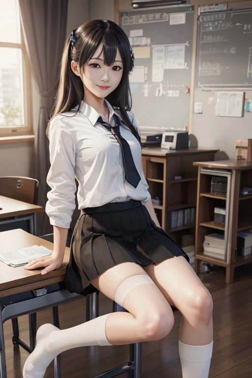 ((masterpiece)), ((best quality)), ((highres)), ((extremely detailed CG unity 8k wallpaper)), solo, tachibana kanade, black skirt, white socks, small smile, classroom