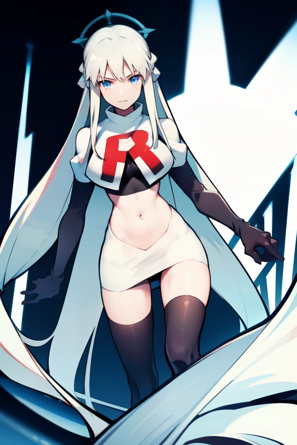 1 girl with long white hair, team rocket,team rocket uniform,white skirt,red letter R,crop top,black thigh-highs,black elbow gloves,