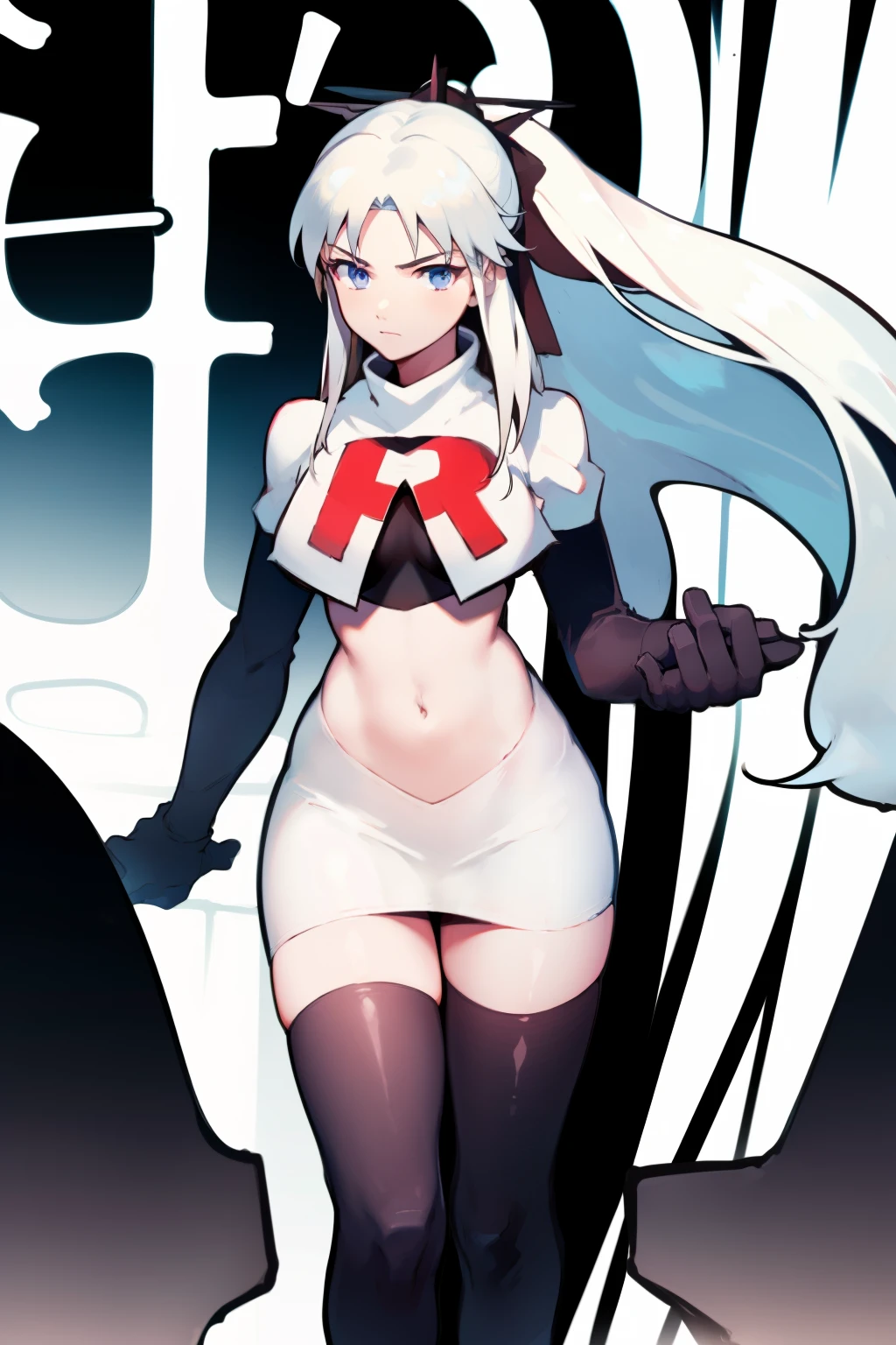 1 girl with long white hair, team rocket,team rocket uniform,white skirt,red letter R,crop top,black thigh-highs,black elbow gloves,