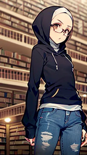 Photo of a young malay female with small breasts (((standing))) inside (((library))), 20yo,petite, skinny, slender body, short body, ((((dark skin)))), dimples, light, detailed face, serious face, Perfect breasts, tiny breasts, flat breast, flat chest, natural breasts, A cup, (((hijab))), (((glasses))),(((hoodie))), (((jeans)))