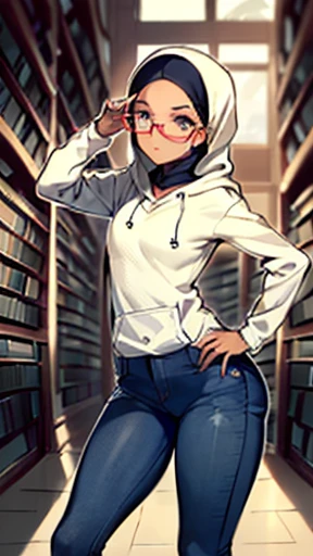 Photo of a young malay female with small breasts (((standing)))  inside (((library))), 20yo,petite, skinny, slender body, short body, ((((dark skin)))), dimples, light, detailed face, serious face, Perfect breasts, tiny breasts, flat breast, flat chest, natural breasts, A cup, (((hijab))), (((glasses))),(((hoodie))), (((jeans)))