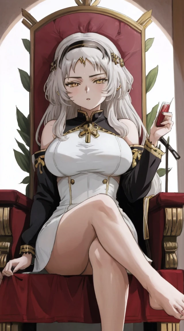 a sexy anime lady sitting in a golden throne with her feet up, 1girl, feet, breasts, yellow eyes, long hair, toes, solo, barefoot, crossed legs, soles, large breasts, sitting, white hair, looking at viewer, white dress, nun