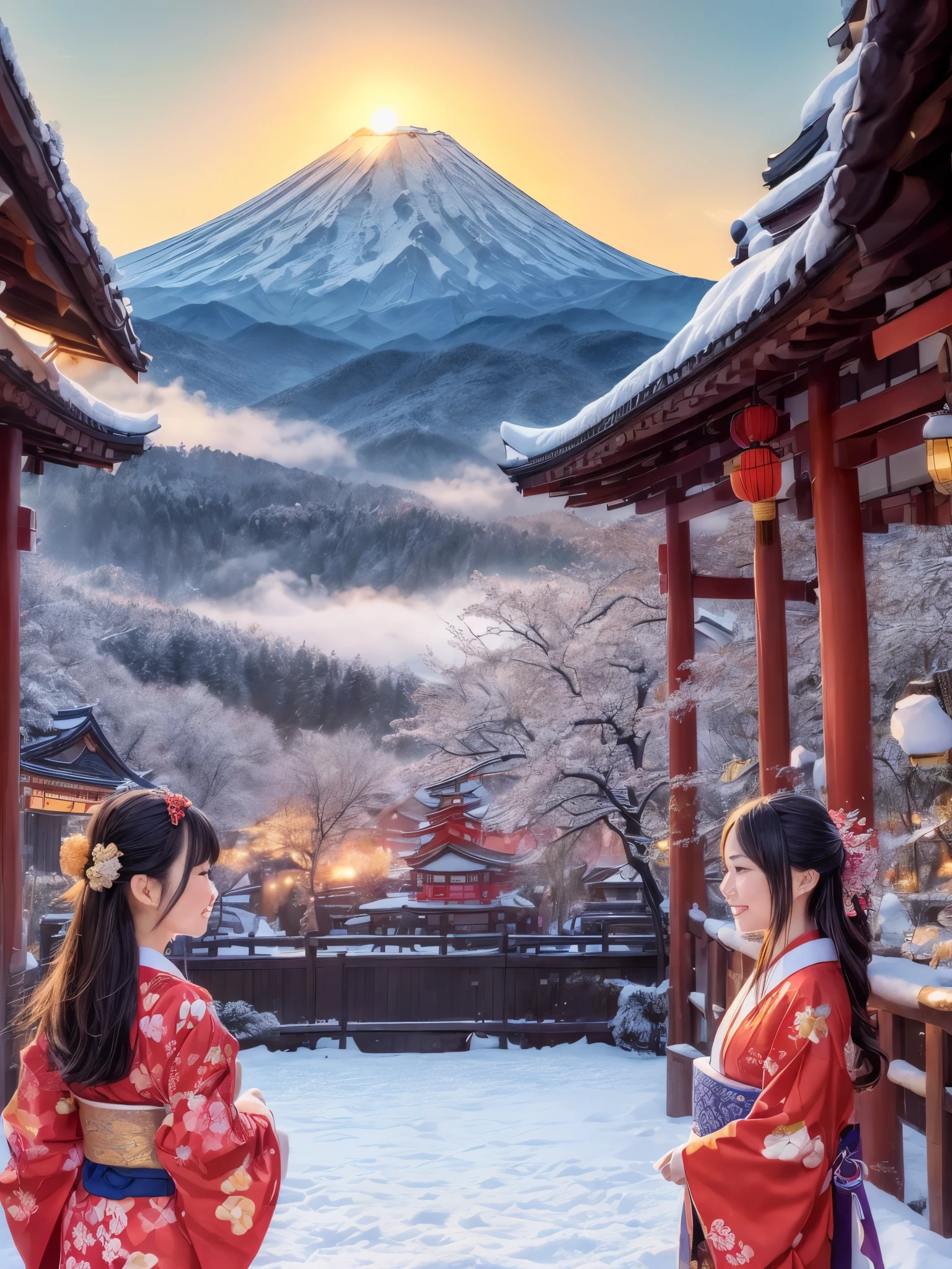 (best quality, realistic:1.37), traditional Japanese New Year's picture scroll, detailed illustration with vibrant colors, beautifully painted scenery, impressive depiction of Mount Fuji in the background, ively portrayal of people dressed in kimono celebrating the New Year, (carefully crafted depiction of a radiant sunrise on New Year's Day, winter, snow)