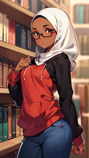 Photo of a young malay female with small breasts (((standing))) inside (((library))), 20yo,ite, skinny, slender body, short body, ((((dark skin)))), dimples, light, detailed face, serious face, Perfect breasts, tiny breasts, flat breast, flat chest, natural breasts, A cup, (((hijab))), (((glasses))),(((hoodie))), (((jeans)))