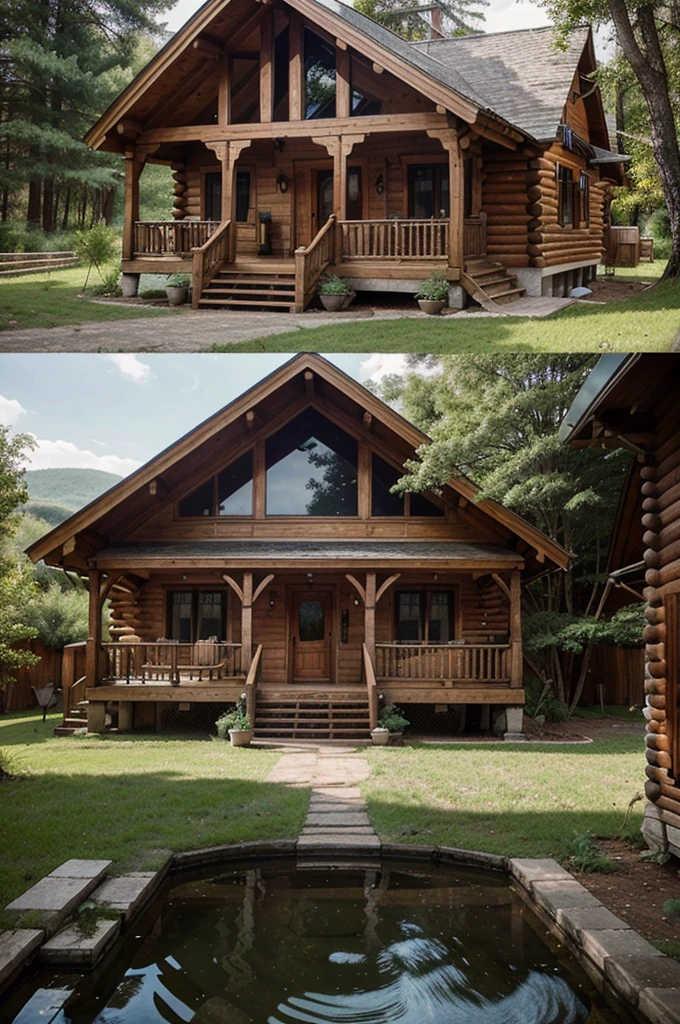 hand-drawn ecological old style architectural design moderno, including a three-dimensional view of the cabin, architecture design, colorful