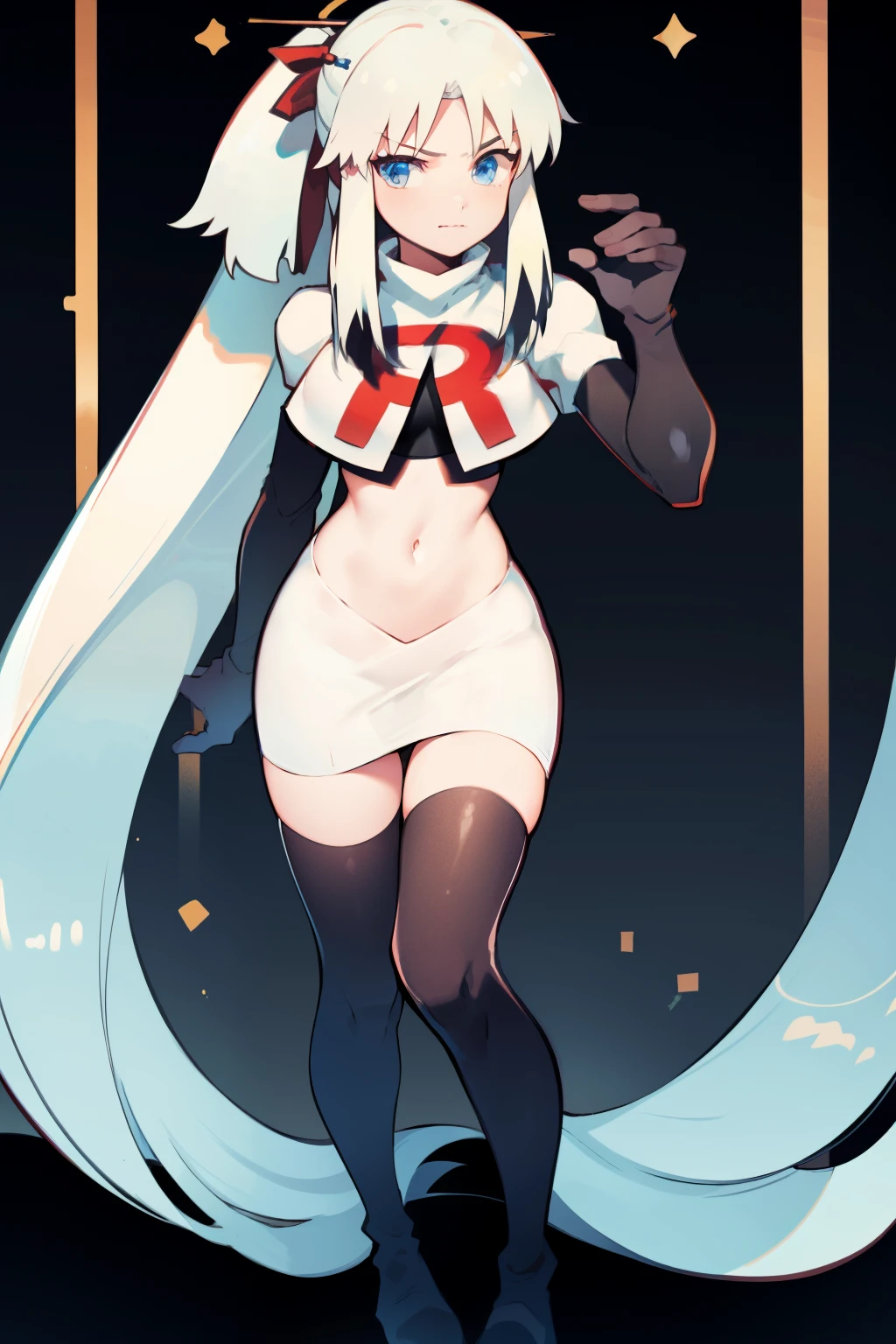 1 girl with long white hair, team rocket,team rocket uniform,white skirt,red letter R,crop top,black thigh-highs,black elbow gloves,