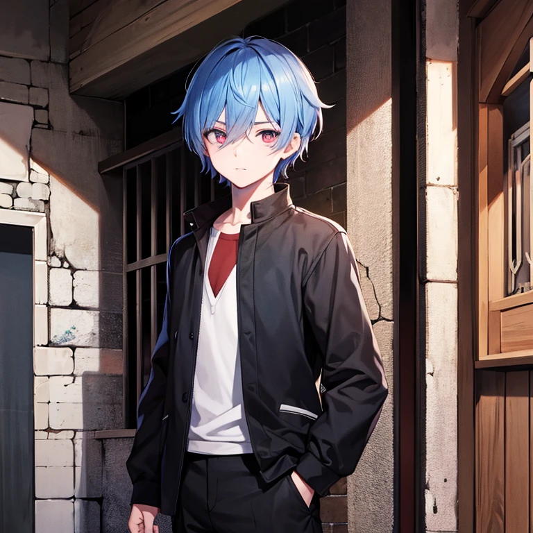 Boy from an anime who is in a dark alley, con un cuchillo en la mano., cubierto de salpicaduras de sangre, Te asustas cuando lo ves por su mirada vengativa y su mirada asesina con usos ojos rojo intenso...