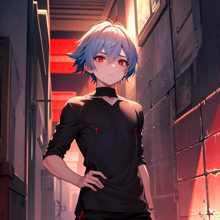 Boy from an anime who is in a dark alley, con un cuchillo en la mano., cubierto de salpicaduras de sangre, Te asustas cuando lo ves por su mirada vengativa y su mirada asesina con usos ojos rojo intenso...
