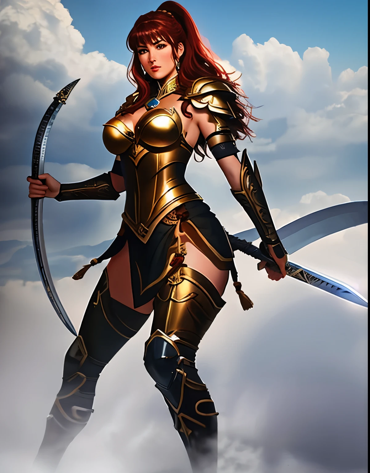 a close up of a woman in armor holding a sword, female warrior, pinup. lord of daggers, she is holding a sword, warrior woman, armor girl, warrior girl, a beautiful woman warrior, epic full color illustration, fantasy paladin woman, beautiful female warrior, artgerm julie bell beeple, warrior queen, greek myth digital painting