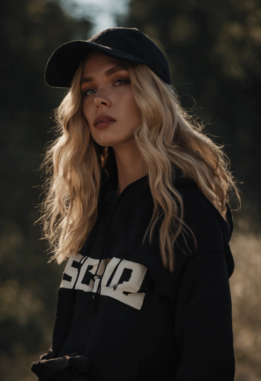 photorealistic, best quality, hyper detailed, beautiful woman with natural blonde hair, photo, full body, solo, wearing a black hoodie,(comfortable), skin texture, film grain, close up, ultra high res, best shadow, RAW, instagram LUT.