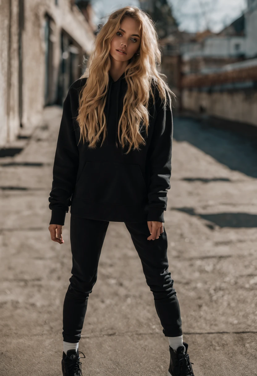 photorealistic, best quality, hyper detailed, beautiful woman with natural blonde hair, photo, full body, solo, wearing a black hoodie,(comfortable), skin texture, film grain, close up, ultra high res, best shadow, RAW, instagram LUT.