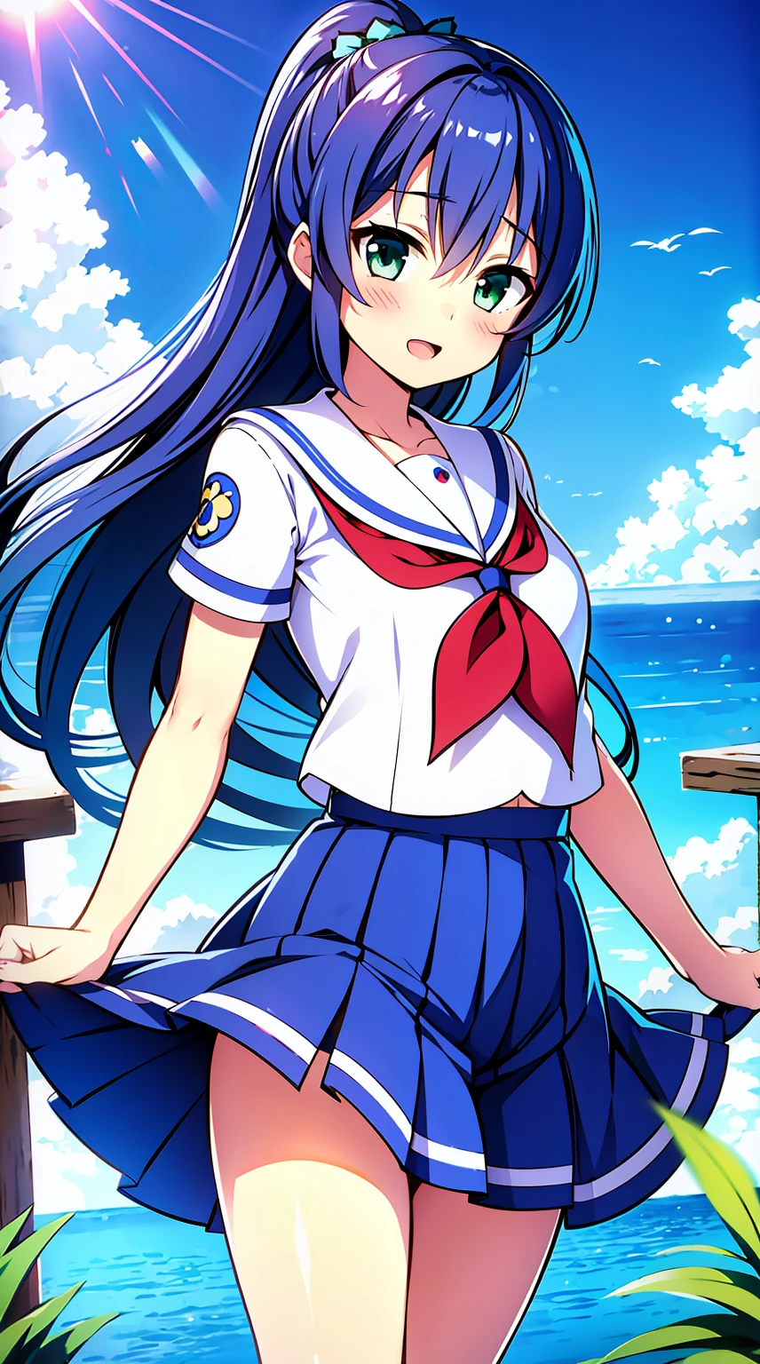 a girl, sky blue hair,sailor suit,green eyes,hotel,long hair,kawaii,anime,,blue clothes