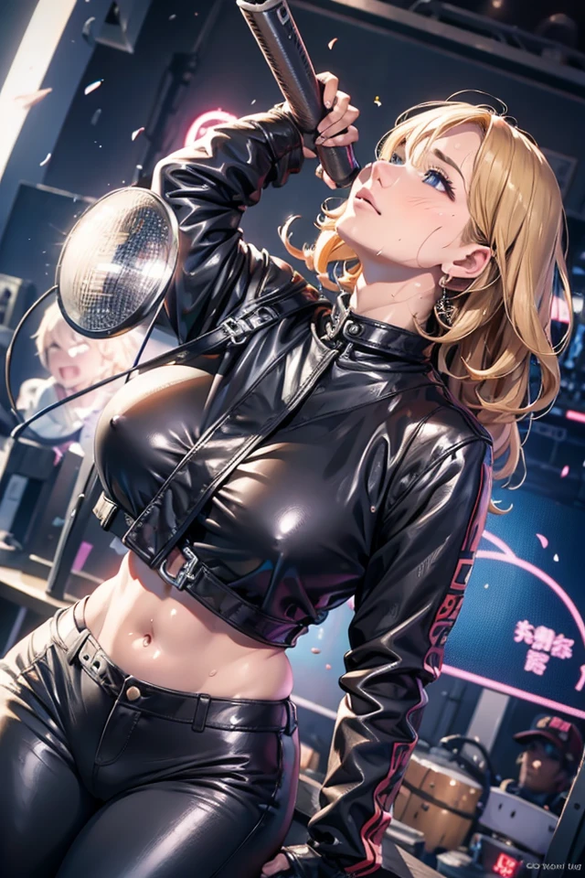 (masutepiece), A sexy、Natural light, Photorealistic, Cameltoe, diffuse glow, depth of fields, profetional lighting、big eye、the eyes are blue、a blond、Russian、Black leather jeans、Black leather pants、Black T-shirt、Rock、Microphone in right hand、The background is a drummer、Number of accessories on the arm々、Skull Accessories、Hair is unkempt、Splattering sweat、Packed audience in the background、