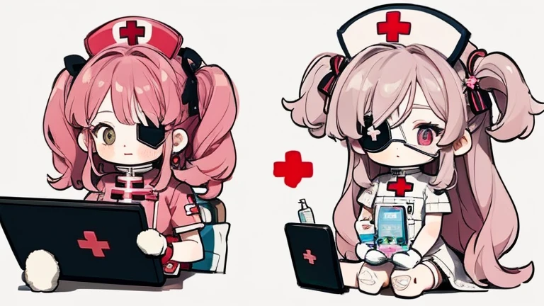 Character design,Q version,chibi,Cute,Head to body ratio,outfit design,ta prostitute,Gorgeous dress,Mittens,Curly,Very intricate,Exquisite,shear node,frilld,band,Bandages,Nurse style,Huge syringe,tablet,Red Cross,Y2K,egirl,Unilateral eye patch,love decoration,subculture,sicko,bloods