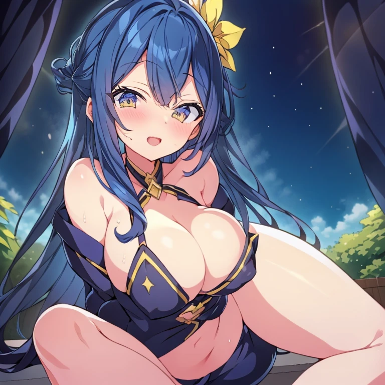 (( long hair, blue hair, blue hair, yellow purple eyes))(( smile)( open mouth))((( elegant girl),( slender body)),(( blue color clothes)))(( shorts))(( sitting,))(( clearly drawn face))(( beautiful detailed eyes, super detailed skin))(( flower garden, outdoor)) BRAEK (magazine:1.1), (cover-style:1.3), fashionable, vibrant, outfit, posing, front, colorful, dynamic, background, elements, confident, expression,statement, accessory, majestic, scene, text, cover, bold, attention-grabbing, title, stylish, font, catchy, headline, larger, striking, modern, trendy, focus, fashion,