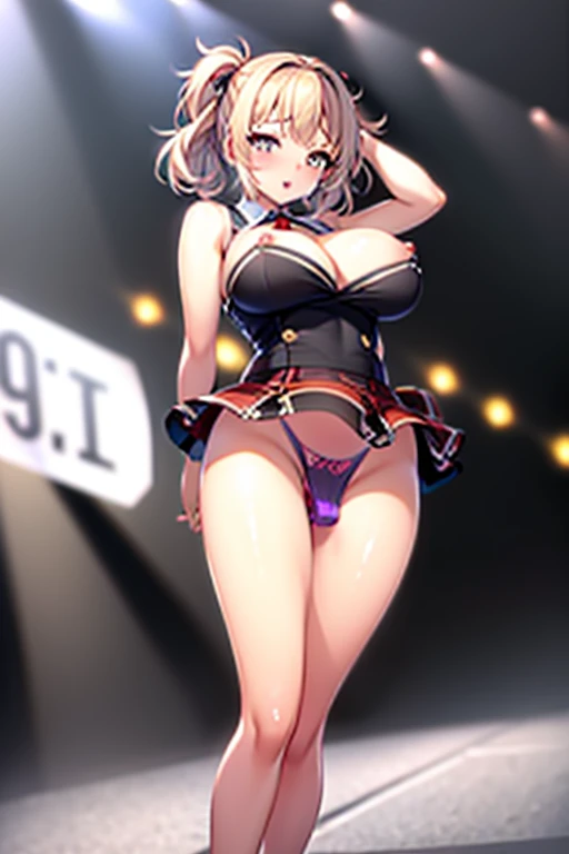 Beautiful full-length photo of an idol singer with 5 dancers, Masterpiece Quality, Shining Girls, Miniskirt Uniform, Bright stage lighting, Rock Stage, detail panties, ultra wide-angle, from below, bimbo, underwear, dildo under panties, dildo under clothes, gigantic breasts, cleavage, huge nipples