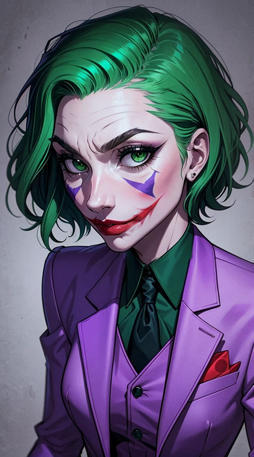 Joker dressed as a girl, green hair, green eyes, purple pants, purple suit, close up the face, portrait