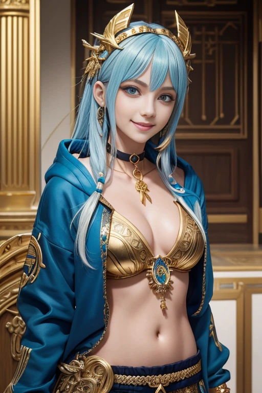 (masterpiece, best quality), intricate details,, 1girl, Gura, multicolored hair, blue eyes, shark hair ornament, gold hair ornament, gold choker, gold bracelet, sharp teeth, grin, blue hoodie,, greek clothes, peplos,