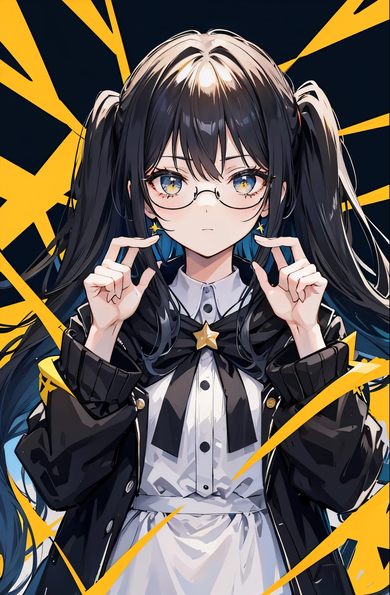 Dark yellow twin ponytails,Hair appears as a whole,But there is a sense of black attachment,Star decoration,Meteor decoration,With black glasses,There is a deceptive look in the eyes,Girl but very handsome,There is a sense of contempt in his eyes,黑黄的冲锋衣有着Star decoration