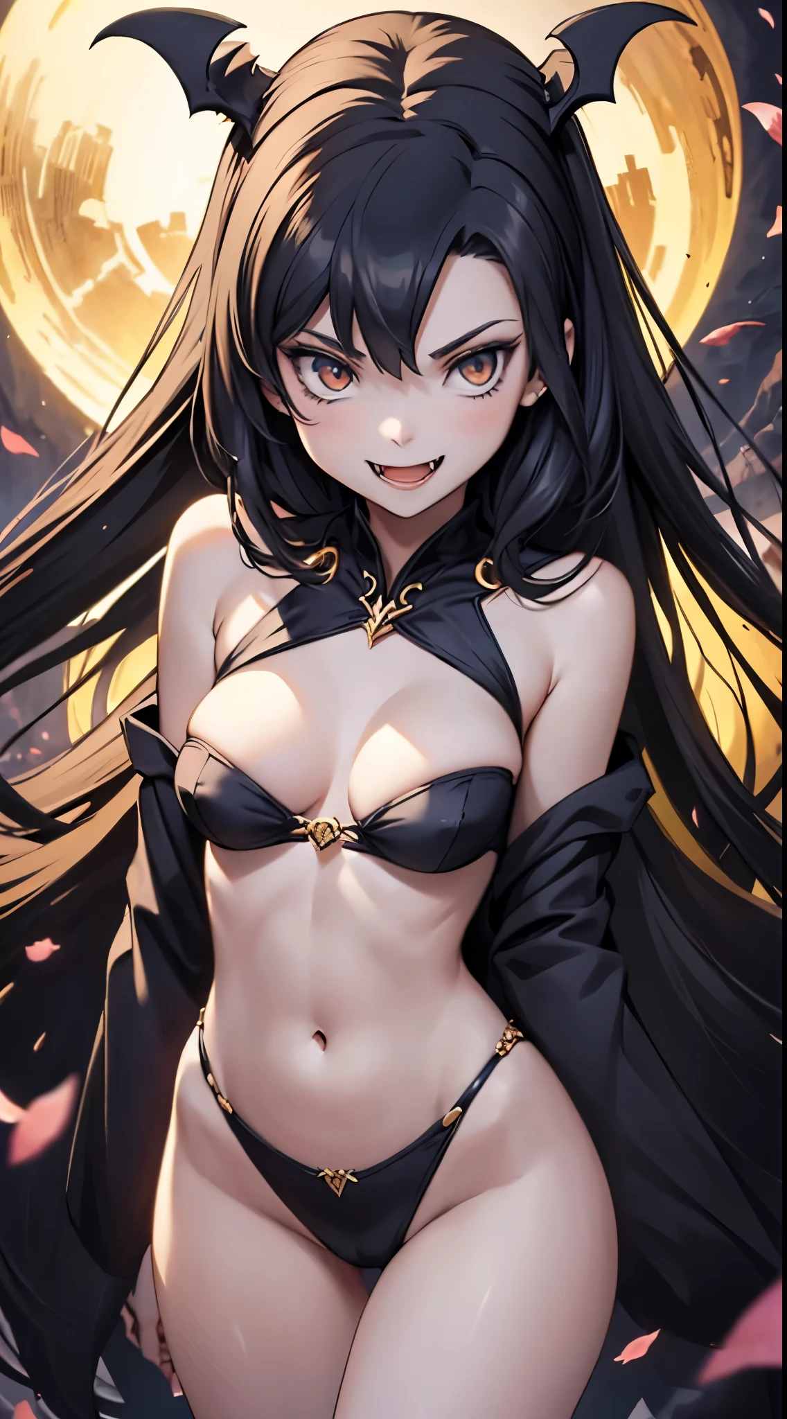 beautiful European girl (model-like appearance). Long legs. Slim body with beautiful curves and shapes. Medium-sized breasts. Wearing a New Year's outfit. Floating above the ground. Vampire (with small fangs) with an evil expression. (prompt: "beautiful European girl (model-like appearance), long legs, slim body with beautiful curves and shapes, medium-sized breasts, wearing a New Year's outfit, floating above the ground, vampire (with small fangs) with an evil expression, oil painting, detailed brushstrokes, high resolution, intense colors, dramatic lighting")