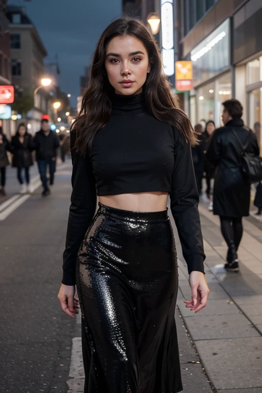 ((best quality)), ((masterpiece)), (detailed), perfect face realistic photo of beautiful woman with long dark brown hair, Russian, influencer, light freckles, dark brown eyes, big lips, no makeup, instagram, in a black dress is walking down the street, tumblr, sequin top, very sharp!!!, long skirt, photo pinterest, nighttime, black turtleneck, tight outfit, gorgeous lady, elegant