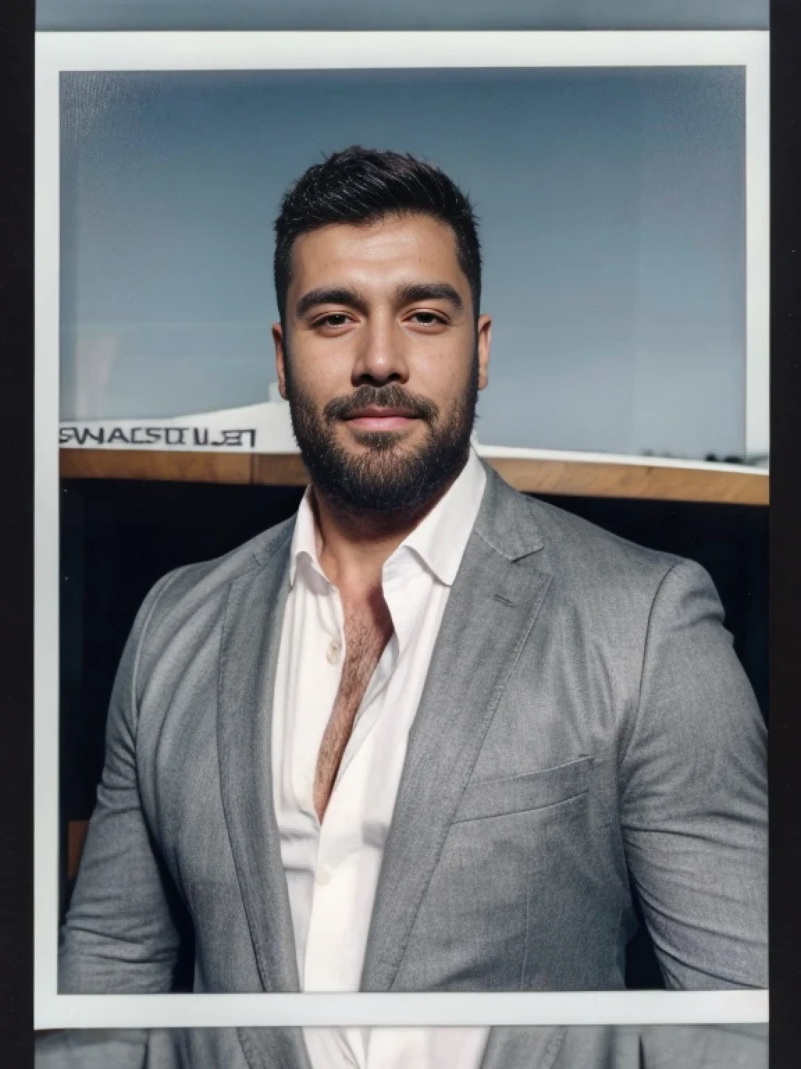 analog style, a hunky turkish man in a grey suit, handsome, stubble beard,