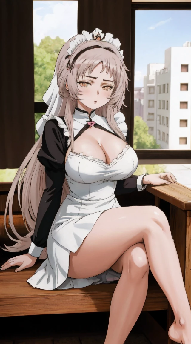 mexican hentai goddess anime style full body cover art of maid, 1girl, feet, breasts, yellow eyes, long hair, toes, solo, barefoot, crossed legs, soles, large breasts, sitting, white hair, looking at viewer, white dress, nun