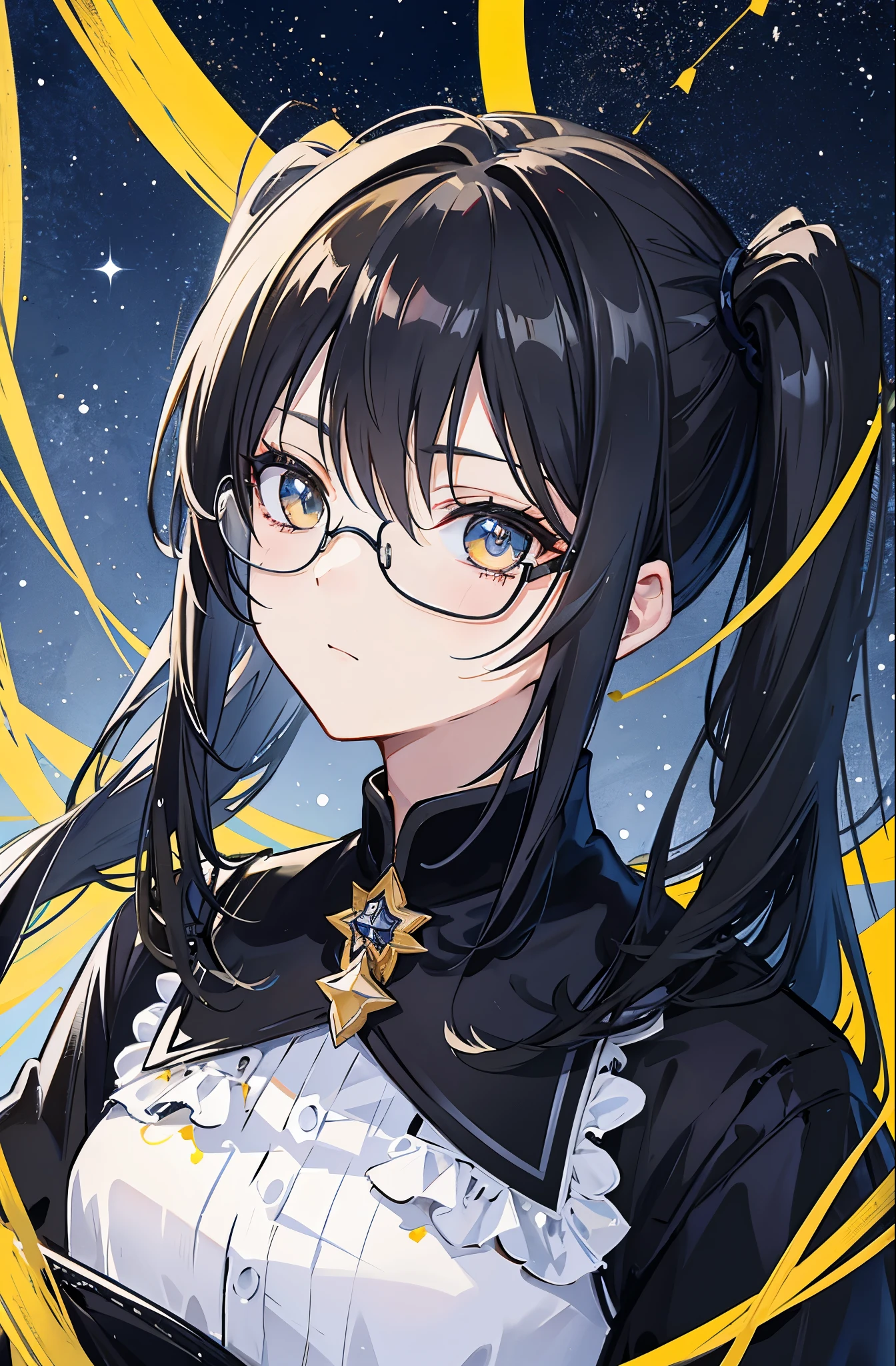 Dark yellow twin ponytails,Hair appears as a whole,But there is a sense of black attachment,Star decoration,Meteor decoration,With black glasses,There is a deceptive look in the eyes,Girl but very handsome,There is a sense of contempt in his eyes,黑黄的冲锋衣有着Star decoration