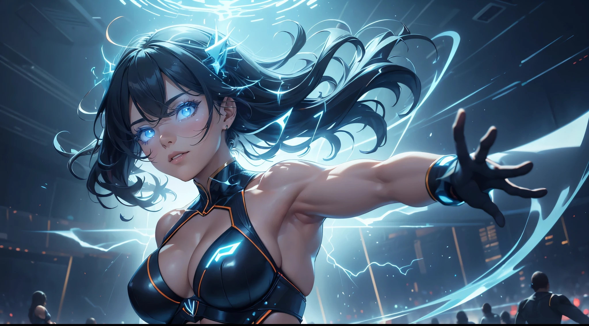 A mulher hipermuscular, envolta em uma aura de energia, concentra seu poder, preparing to manifest an extraordinary ability. A bright light begins to emanate from your hands, forming electric rays that dance around you. Seus olhos, agora eletricamente carregados, reflect the intensity of the power that is about to be released. Com um gesto elegante, she channels the rays towards the weights around her, e a eletricidade os envolve. Os equipamentos, agora carregados de energia, appear to pulse in response to the force it controls. Os espectadores, still in awe of his display of physical strength, now witness a display of supernatural abilities. Hypermuscular woman extends her arms, releasing controlled electrical beams that dance along his muscular body. A eletricidade parece acariciar suas formas, highlighting each contour and revealing a unique symbiosis between his incredible physical strength and the electrical powers he now commands. Enquanto ela continua a canalizar essa energia, a atmosfera ao seu redor parece eletricamente carregada, creating a scene worthy of a superhero. Your presence in the gym turns into something more than just a physical display; she personifies the fusion between human strength and supernatural energy. The rays continue to dance around her, as an extension of your will and ability. This unique spectacle of power creates a magnetic aura, leaving everyone present astonished at the unparalleled combination of superhuman abilities and the formidable physical strength of the hypermuscular woman.